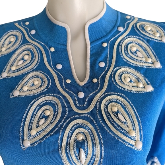 Ming Wang Beaded Embroidered Tunic Top 3/4 Sleeves Light Blue & White Size Large - Picture 8 of 9